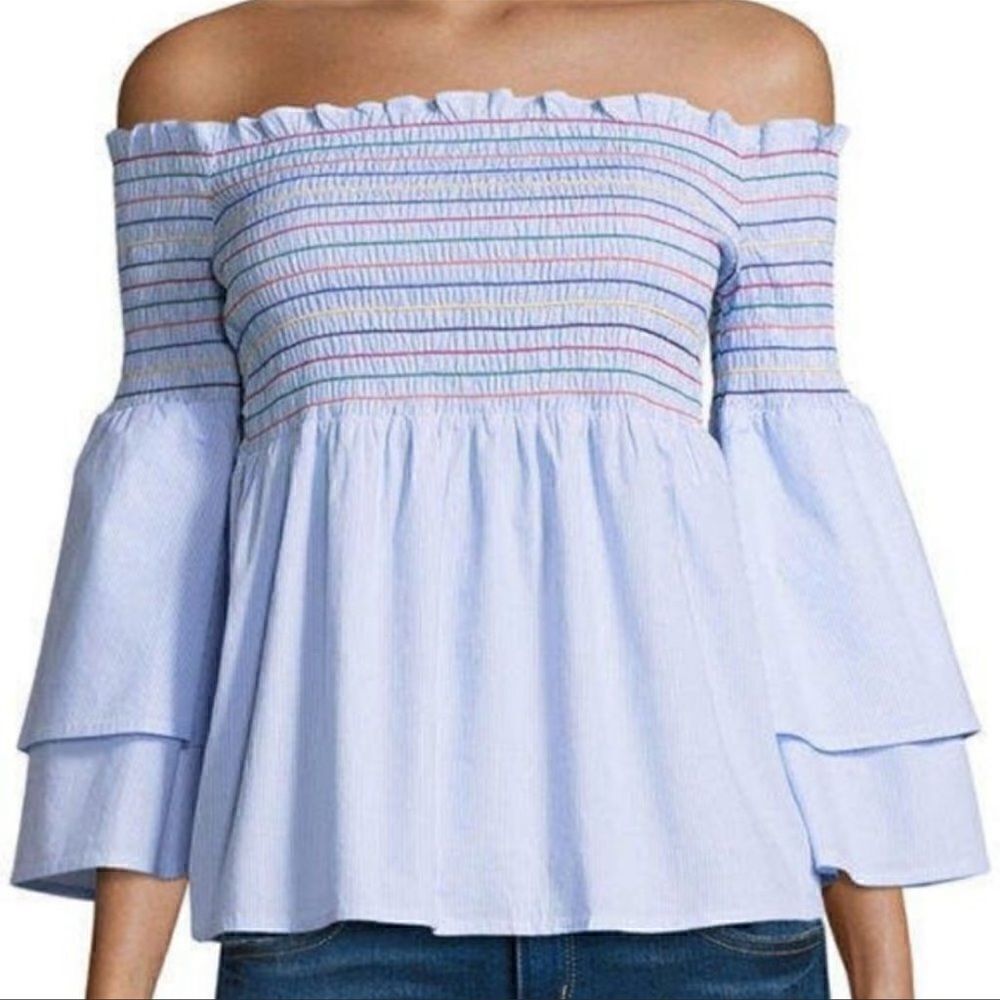 Belle + Sky Blue Off the Shoulder Peplum Top NWT Delight Blue Strip Size Small